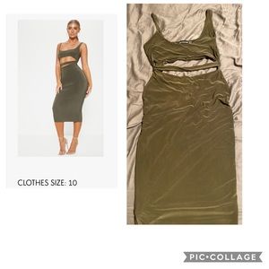 Khaki slinky cut out detail midi dress